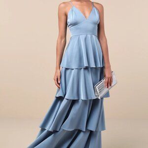 Lulus Going with Elegance Slate Blue Satin Tiered Gown - L